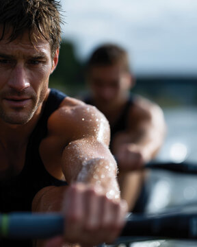 Two determined rowers exerting effort and concentration, capturing the essence of teamwork and dedication as they glide through the shimmering water of a lake.
