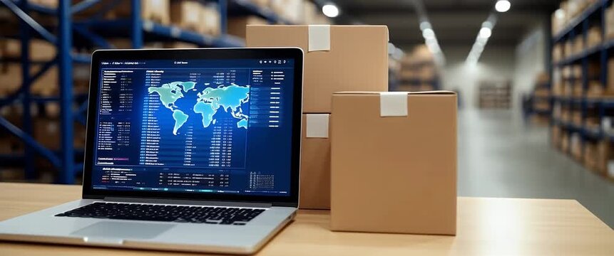 In a bustling warehouse, a laptop screen flickers as the camera gently pans across neatly stacked shipping boxes, capturing the essence of modern logistics in a cinematic style.