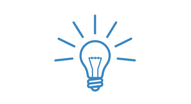 Simple blue line art illustration of a lightbulb with rays.