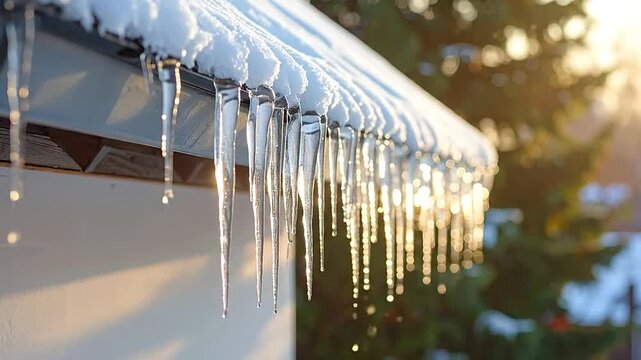 Icicles hang from a snow-covered roof during a sunny winter day