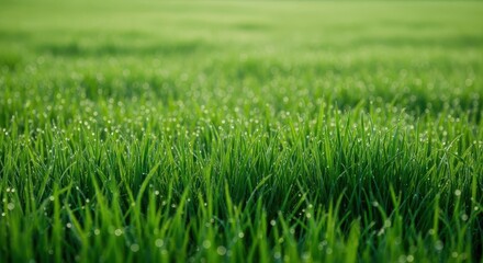 Obraz premium Detailed view of lush, vibrant green spring grass texture covering a field, providing excellent natural copy space and backdrop, natural light, backdrop, outdoors
