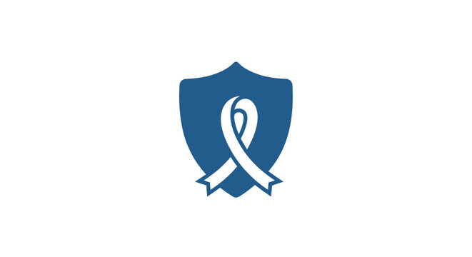 Blue shield with white ribbon symbolizing awareness and protection.