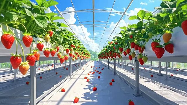 Rows of ripe strawberries growing in a modern greenhouse under a bright blue sky
