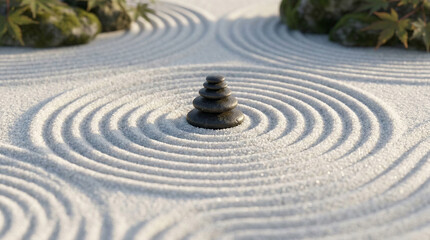 Naklejka premium Macro of Raked White Sand Patterns in Zen Garden with Stacked Pebbles - High Resolution