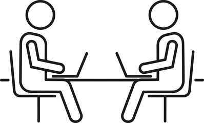 Fototapeta premium Business Meeting Line Icon with Two People Working on Laptops at Table, Remote Collaboration, Office Discussion, Teamwork Communication Concept for Corporate Workspace Illustration