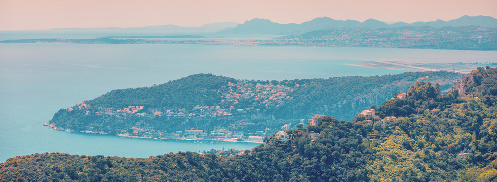 Panoramic view from the mountain on the Mont Boron, Nice, Cote d'Azur, France, Europe. France Riviera in the evening.