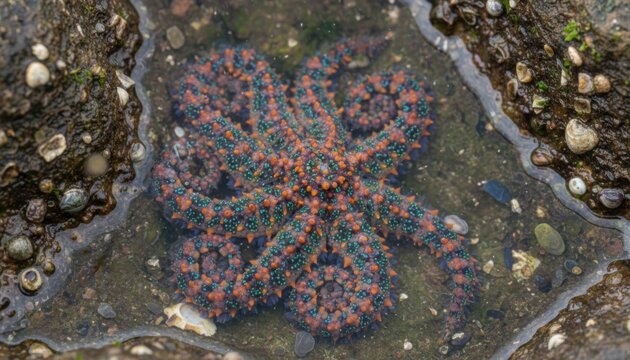 Detailed Red and Blue Starfish with Multiple Arms Resting on Rocky Seafloor