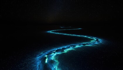 Magical glowing trail of bioluminescent plankton illuminates the dark ocean at night
