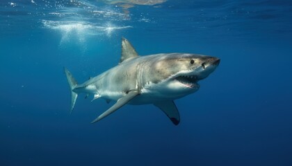 Fototapeta premium Fierce Great White Shark Swimming Through Deep Blue Ocean Waters.