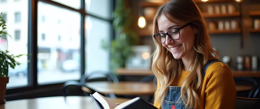 Young woman enjoying a book in a cozy cafe, smiling softly as natural light filters through large windows; camera gently pans across the scene, capturing ambient motion in a cinematic style.