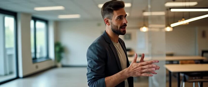 Confident businessman in modern office gestures animatedly, as camera slowly tracks right; ambient light flickers gently, creating a dynamic, cinematic atmosphere.