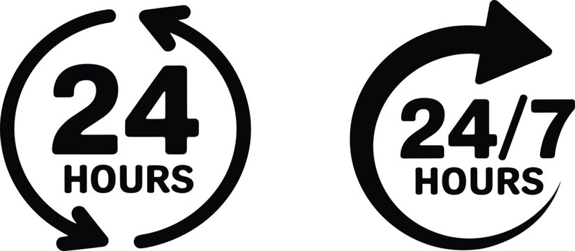 24 hours and 24/7 service icon set, full time open customer support symbols vector illustration