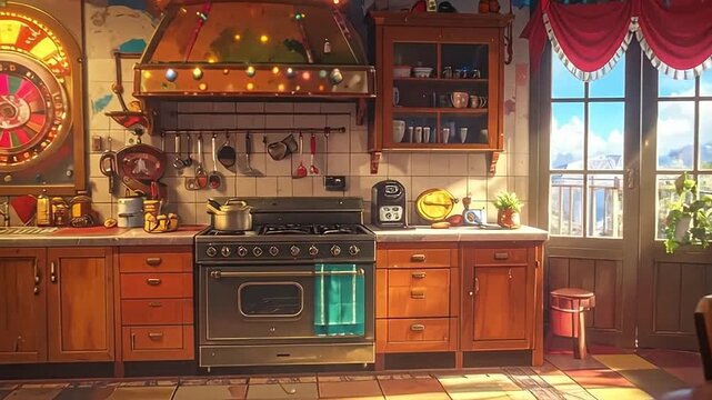Cozy, rustic kitchen interior decorated with festive string lights and a large circular wall clock