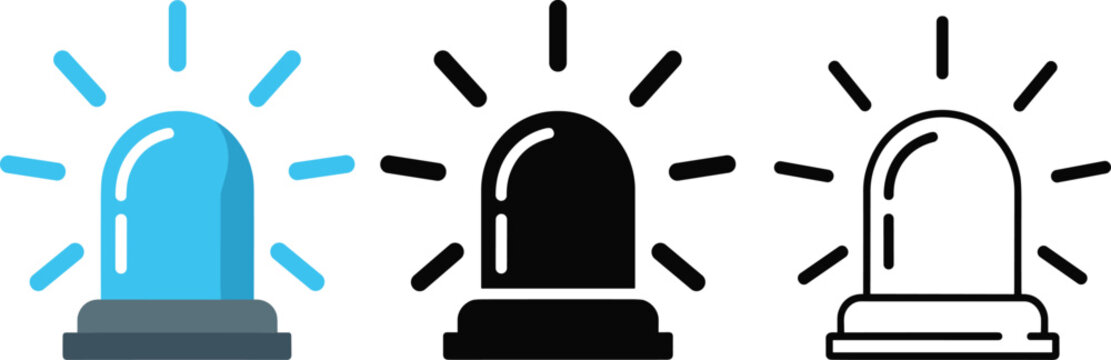 Emergency flasher siren light set, blue and black police stroboscope icons vector illustration for safety design