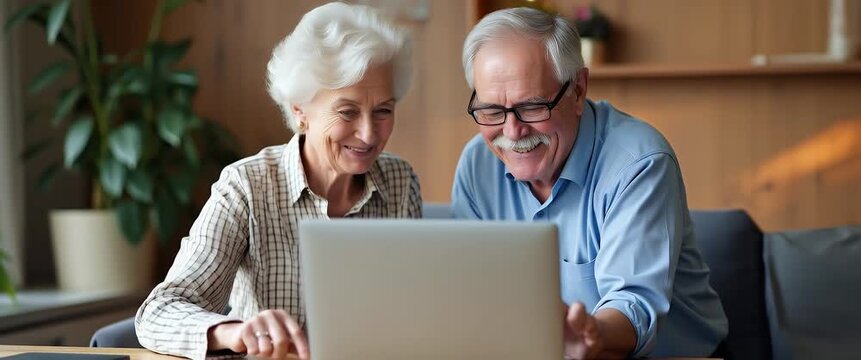 Elderly couple joyfully navigates laptop, camera slowly pans across cozy living room, gentle sunlight filters through window, creating a warm, inviting atmosphere in a cinematic style.