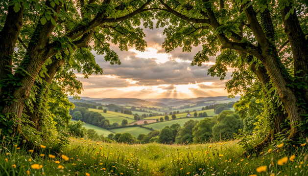 Paesaggio verde panoramico con arco di alberi e raggi di sole al tramonto