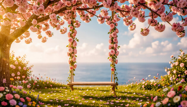 Altalena di legno fiorita con rose rosa sul mare al tramonto