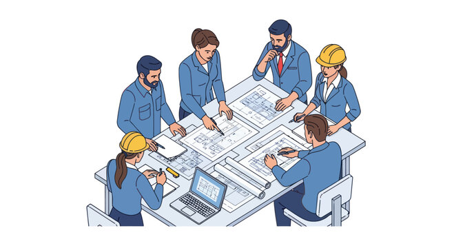 Diverse team of architects and engineers collaborating on blueprints at a table