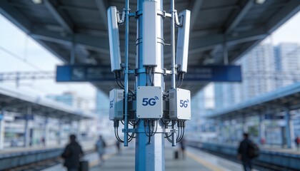 Obraz premium Medium shot of 5G smart pole at a transit hub showcasing antennas and edge compute units with blurred urban background for enhanced connectivity visuals.