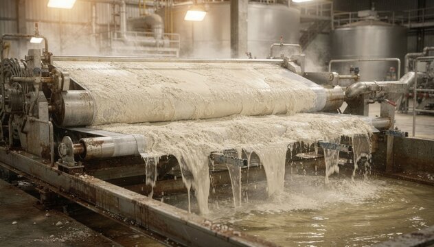 Medium shot of belt filter in phosphoric acid processing separating gypsum solids from clear acid liquor showcasing continuous industrial filtration in harsh chemical environment.
