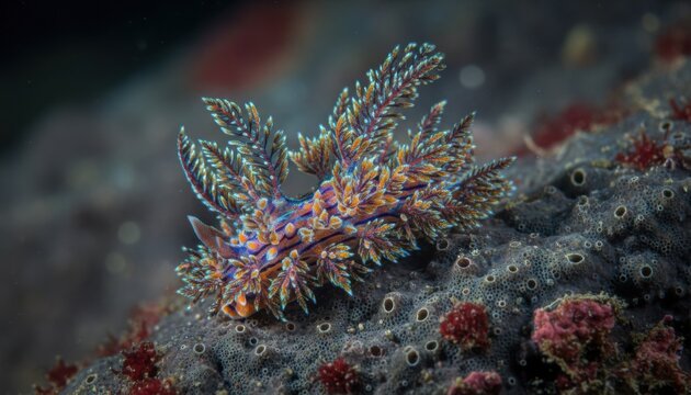 Vibrant sea slug with intricate cerata resting on textured seafloor, showcasing marine biodiversity