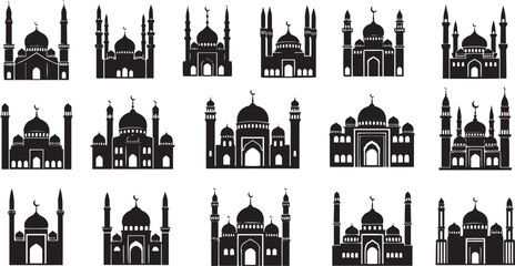 Obraz premium A collection of black silhouette mosque icons arranged in a grid. Each icon depicts a mosque building with multiple minarets and a central prayer hall.