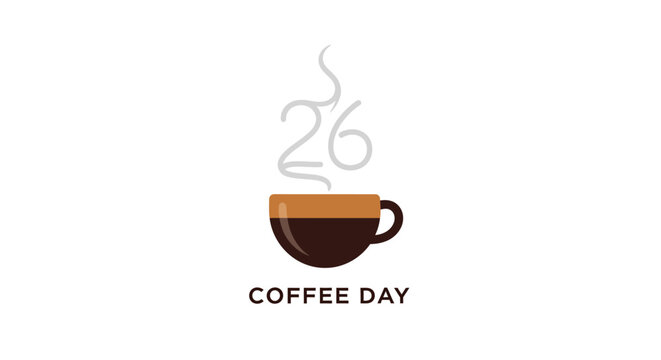 International Coffee Day celebration with steaming coffee cup illustration.