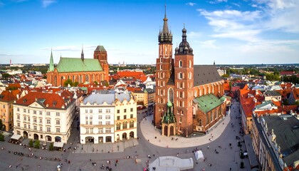 Obraz premium An aerial shot showcases a historic European town square with ornate churches and buildings, filled with architectural details and vibrant colors