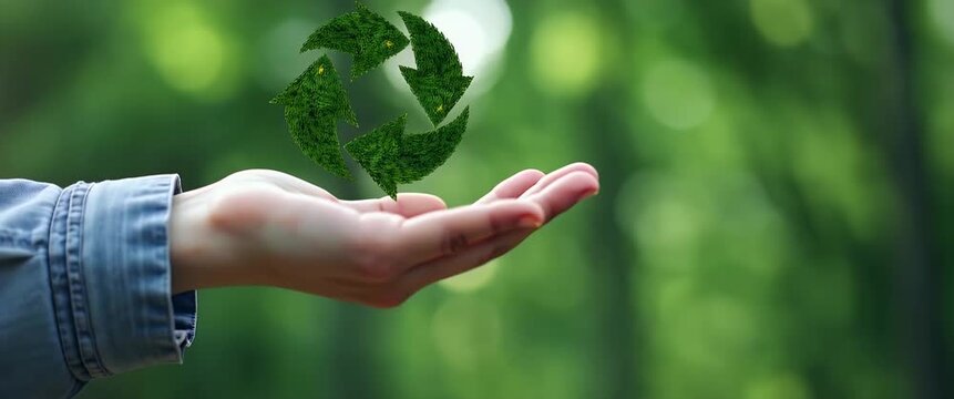 Hand gently raises eco-friendly recycling symbol while camera slowly pans through serene forest with soft sunlight, creating a cinematic environmental awareness atmosphere.