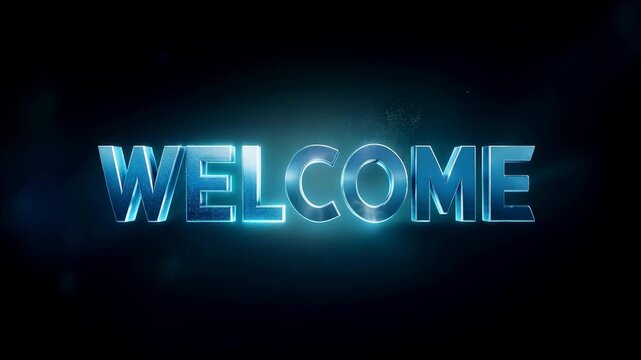 Neon glowing welcome sign text in dark blue futuristic light with soft smoke and luminous glow background. Concept of greeting invitation and modern digital banner