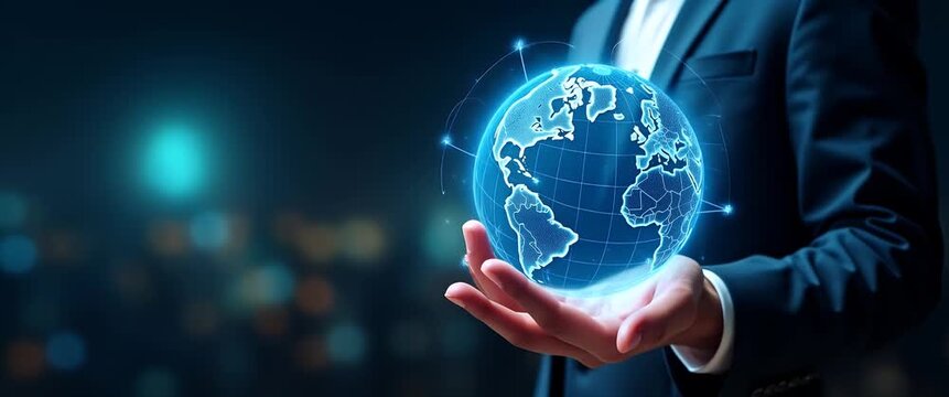 Businessman holds glowing digital globe as camera slowly pans; city lights softly flicker in the background, creating a cinematic, futuristic scene emphasizing global technology and innovation.
