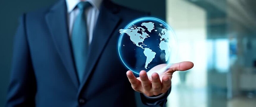 A businessman holds a glowing digital globe, gently rotating in his hand, as the camera slowly pans across a modern office backdrop, creating a cinematic and futuristic ambiance.