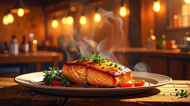 A perfectly cooked piece of fish is presented on a plate with garnishes in a warm restaurant setting