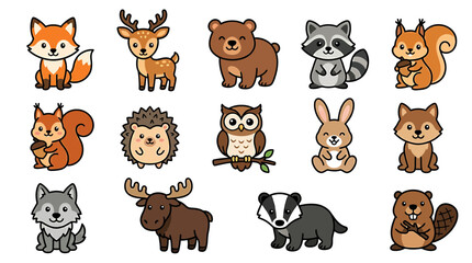 Fototapeta premium A forest icon set featuring various cartoon animals and creatures in a simple illustration style