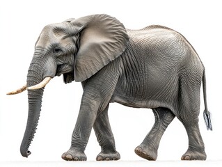 Obraz premium Majestic gray elephant, seen in profile, walking against a stark white background