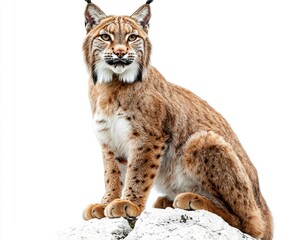 Fototapeta premium Lynx on rock, light brown coat, spotted fur, watchful gaze, on white background
