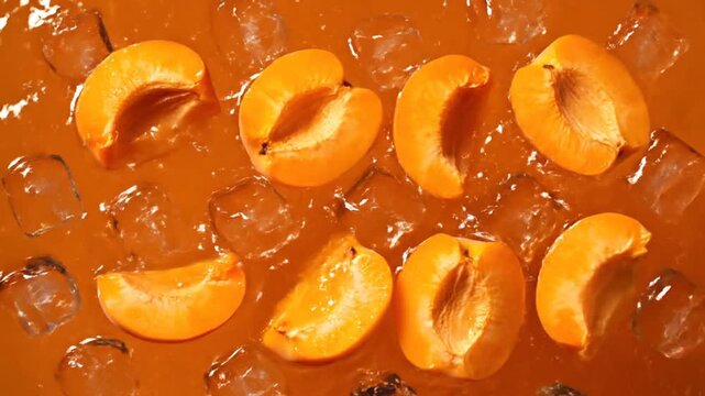 Juicy apricot halves and crystalline ice cubes gracefully float in a luscious, bright orange liquid, showcasing a tantalizing and thirst-quenching fruit drink