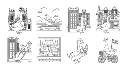A collection of whimsical line drawings featuring geese and british landmarks © Nayem