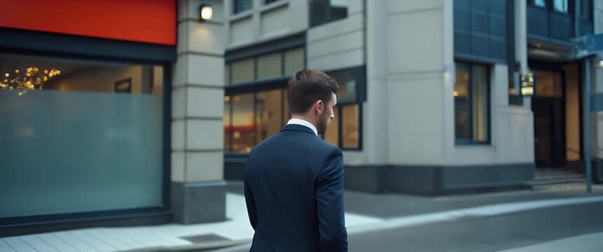 Businessman approaches boutique storefront, slow camera pan capturing sleek urban setting, gentle ambient motion of street lights flickering, cinematic style.