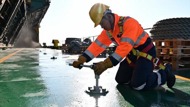 Worker secures cargo on ship deck using lashing tool at port. Marine engineer fastens equipment on vessel. Worker with tool on ship deck. Port worker secures cargo. Ship deck lashing work.