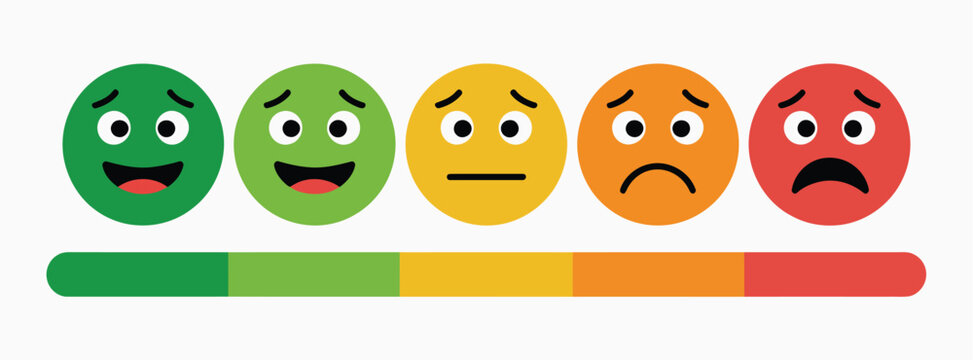 Customer satisfaction rating scale with emoji faces icon set, feedback gauge with happy neutral and sad emoticons for customer review