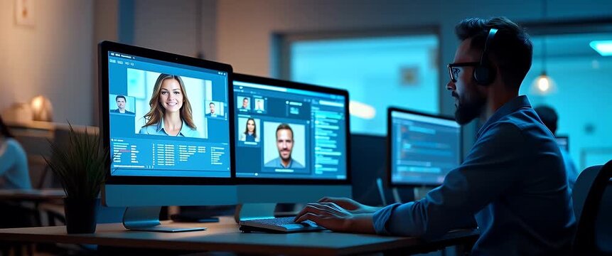 Professional video editor works intently on a dual-monitor setup, camera smoothly pans across a modern office with ambient screen glow and subtle background activity, in a cinematic style.