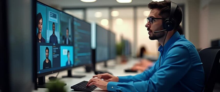 Focused tech support professional engages in a seamless virtual meeting on multiple monitors, while the camera smoothly pans across a modern office in a cinematic style.