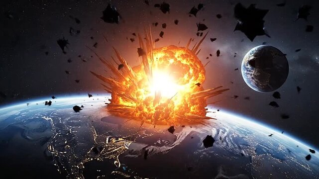 Massive celestial body impact event causing catastrophic destruction on a planet
