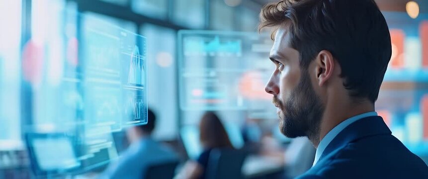 Business professional engages with augmented reality data in a modern office, as the camera gently pans; ambient light flickers subtly, creating a cinematic, tech-focused atmosphere.
