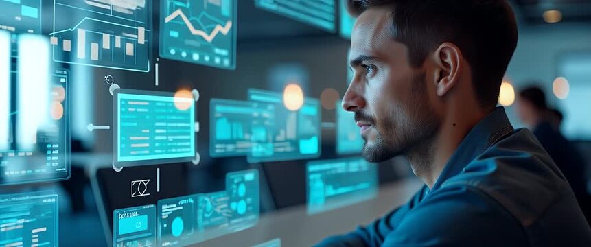 Focused professional analyzes digital data on futuristic screens, as camera slowly pans across modern office, creating a cinematic, tech-driven atmosphere with dynamic light shifts.