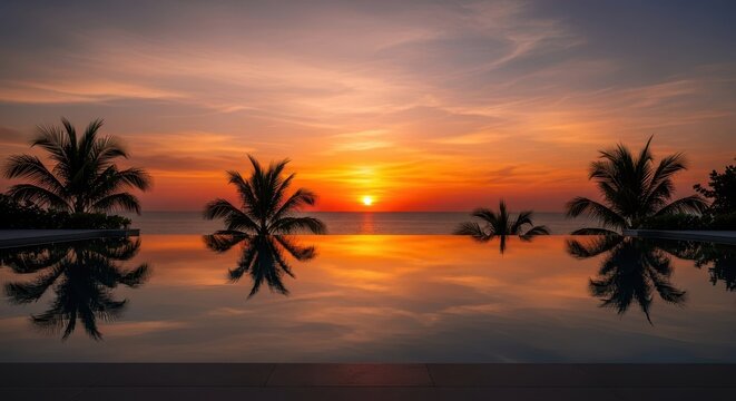 A serene infinity pool reflecting a vibrant sunset over a tropical ocean view, emphasizing relaxation and high-end resort design, design, destination, exterior