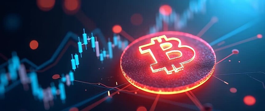 Bitcoin symbol glows as stock market graphs pulse gently, camera slowly pans, creating a dynamic, cinematic view of cryptocurrency trends and digital finance evolution.