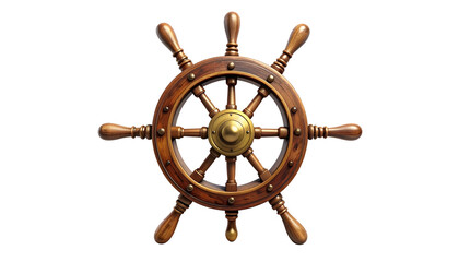 Detailed close-up of a wooden ship's wheel against a black background