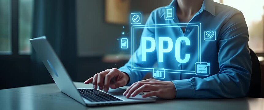 Professional hands type on a laptop as digital PPC icons hover, in a cinematic setting; soft ambient light flickers through windows, with a slow pan across a modern office space.
